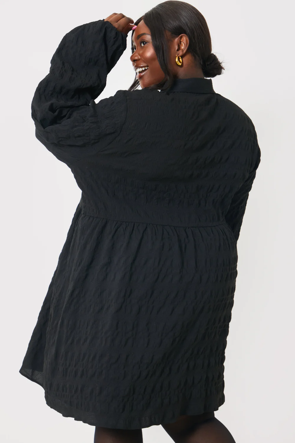 Textured Button Through Collared Smock Dress - Image 19