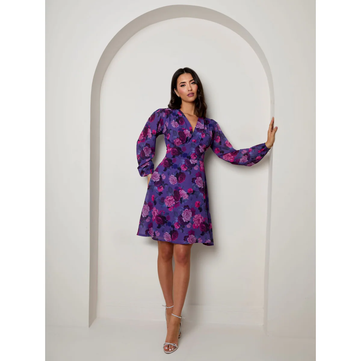 Chi Chi London V Neck Floral Printed Chiffon Dress in Purple