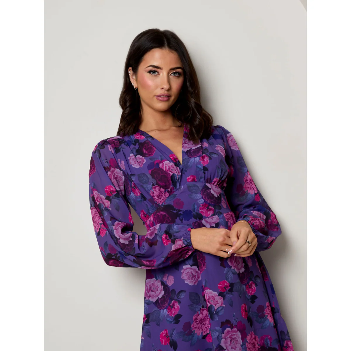 Chi Chi London V Neck Floral Printed Chiffon Dress in Purple - Image 2