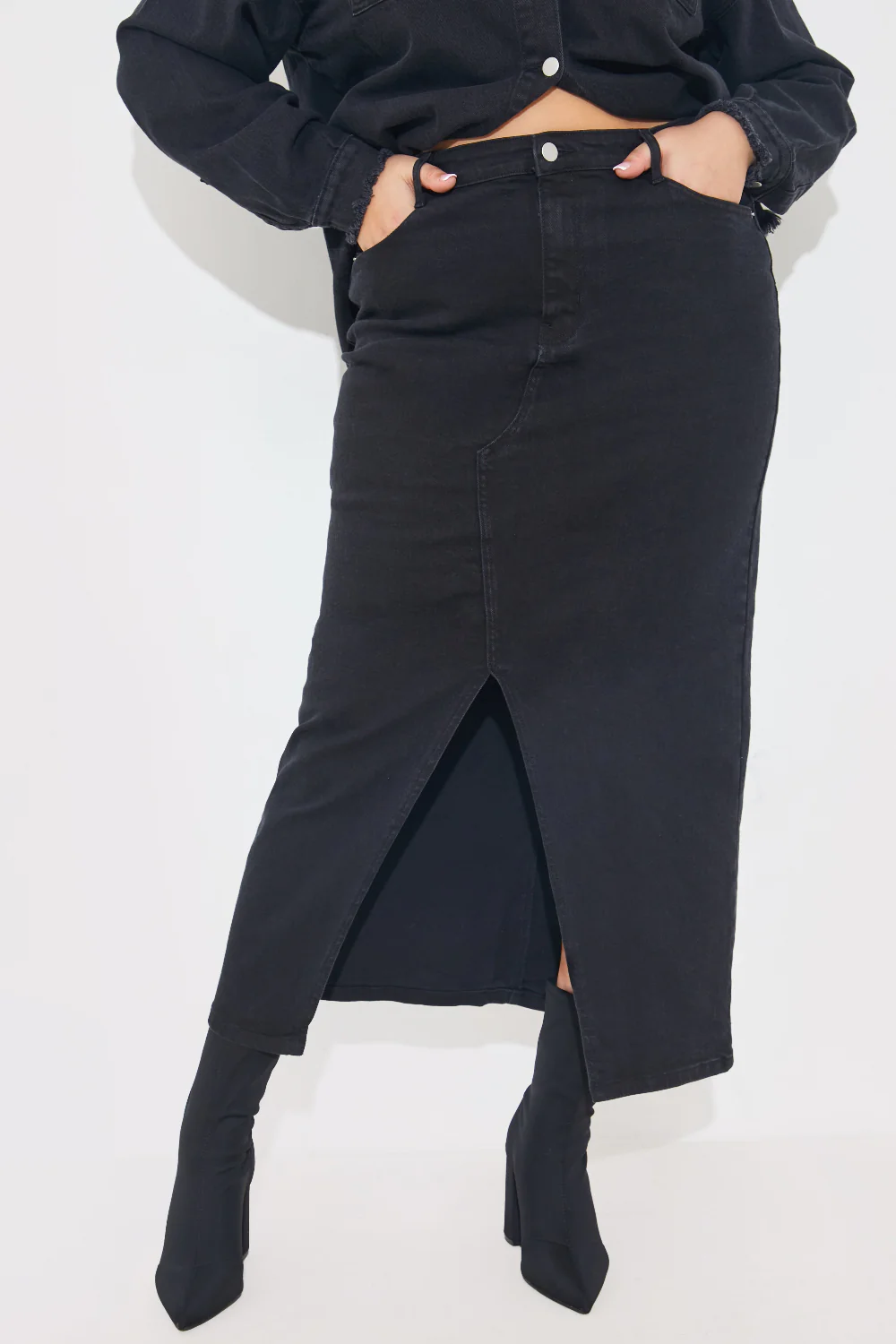 Washed Split Detail Denim Maxi Skirt - Image 2