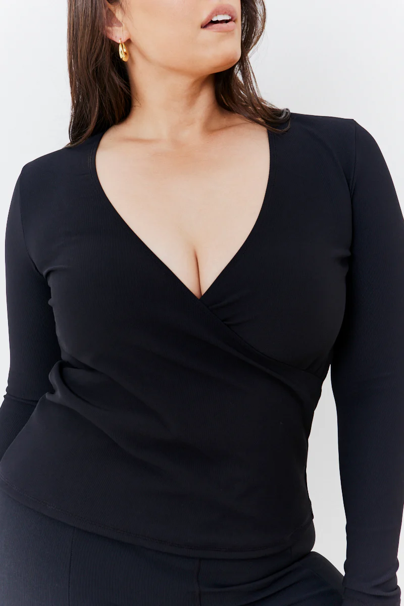 Wrap Front Rib Long Sleeve Top - Image 2
