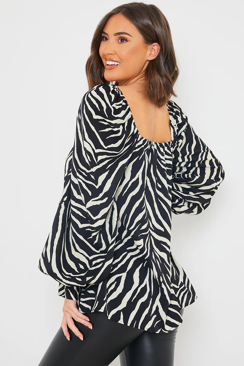 Zebra Woven Balloon Sleeve Blouse - Image 4